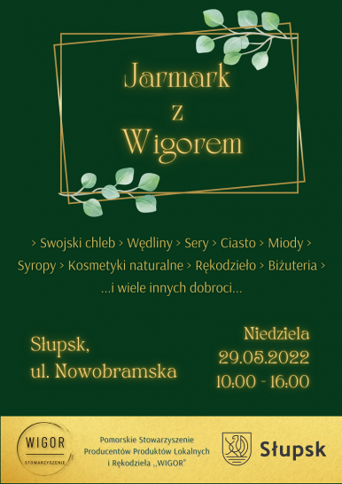 Plakat dotyczący jarmarku produktów regionalnych napisy zółte na zielonym tle, data miejsce asortyment